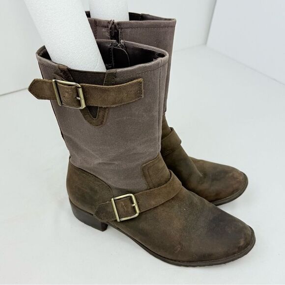 Hush Puppies Lola Brown Leather Canvas Buckle Side Zip Entry Mid Calf Boots - Picture 2 of 16